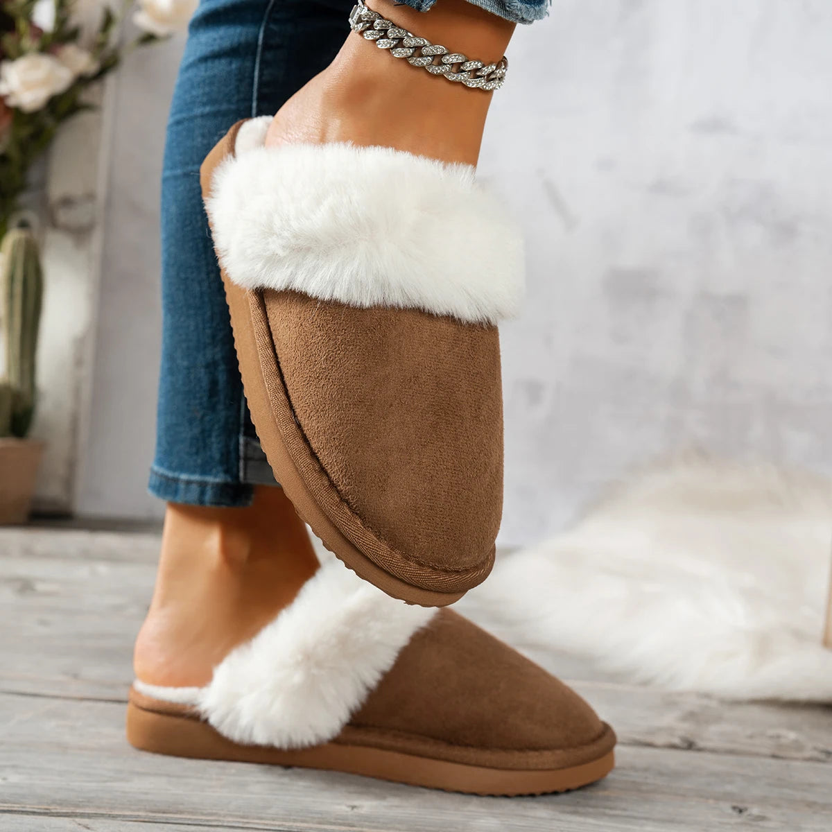Mule chausson peluche fourré pour femme - Daphnéa